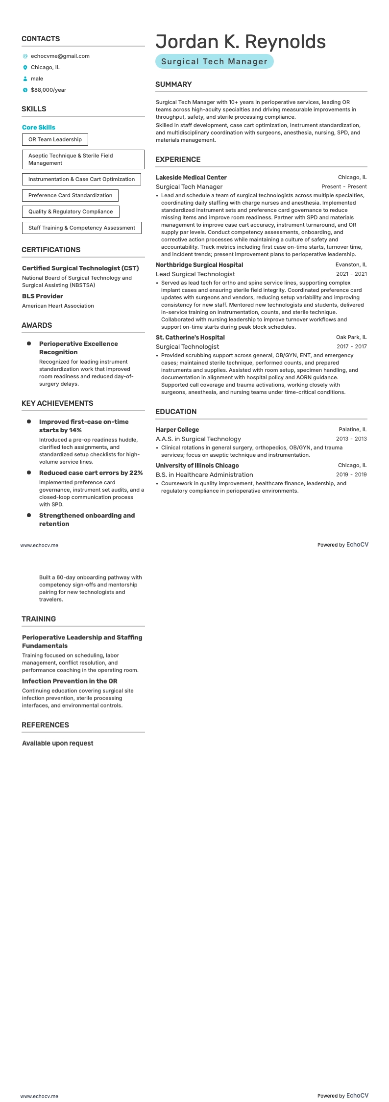 Surgical Tech Manager example resume