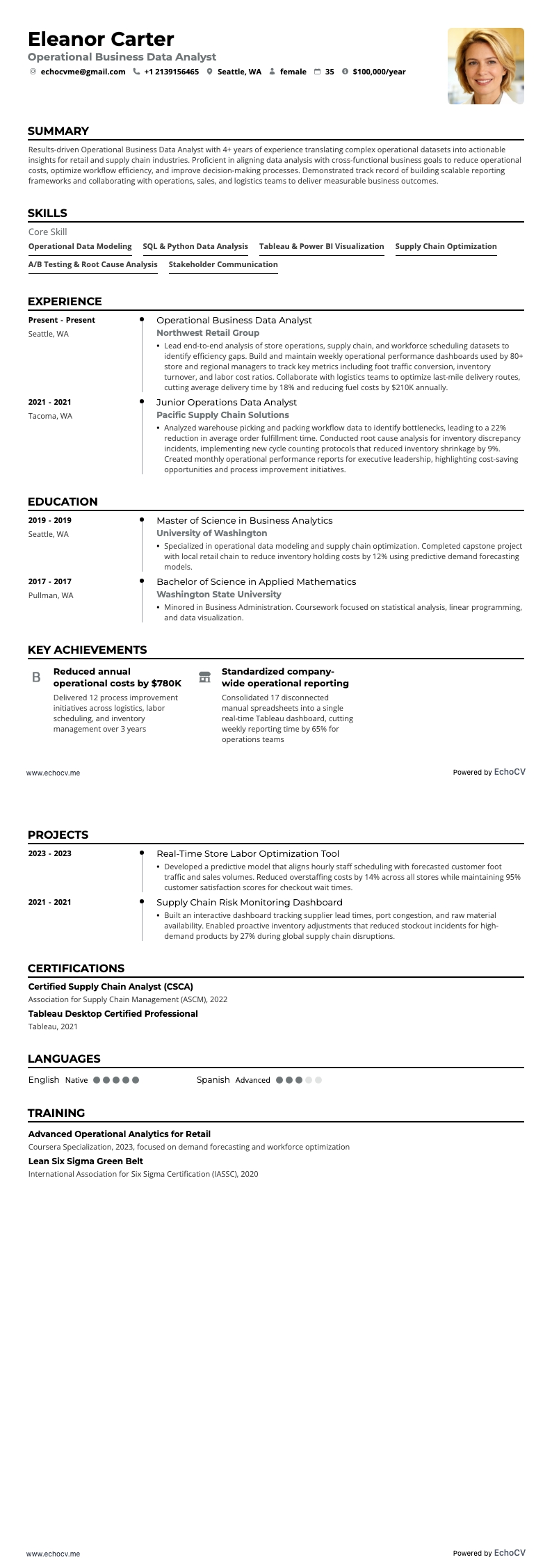 Operational Business Data Analyst example resume