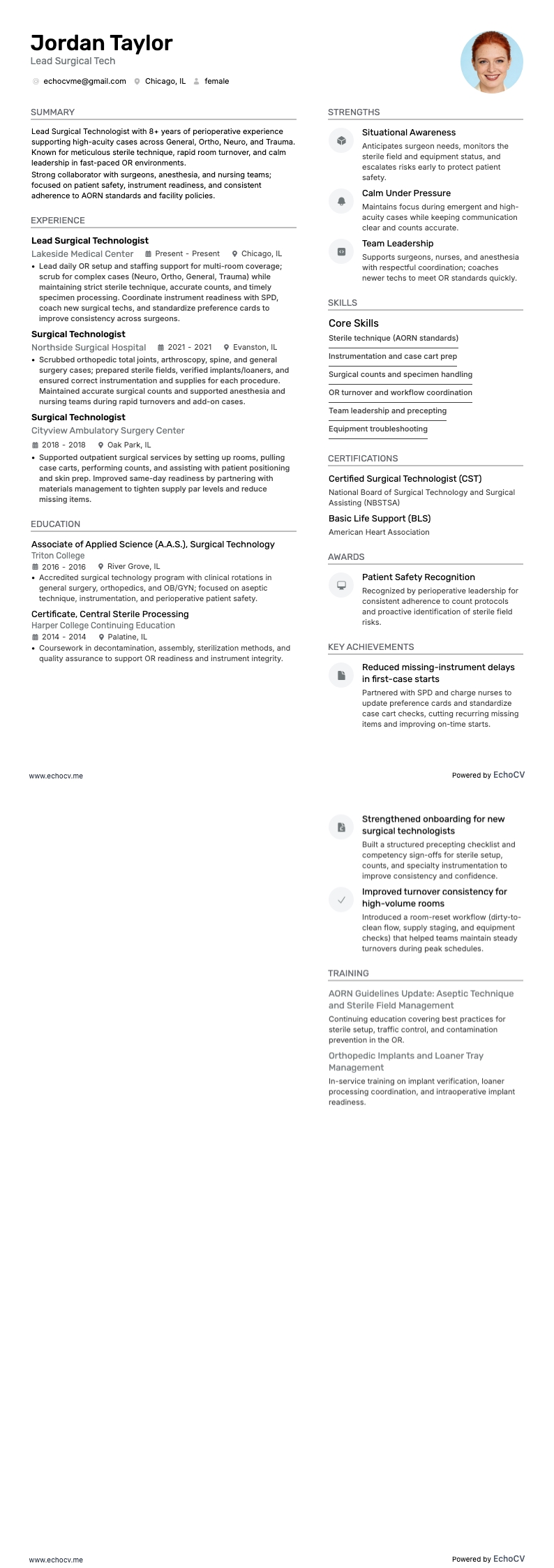 Lead Surgical Tech example resume