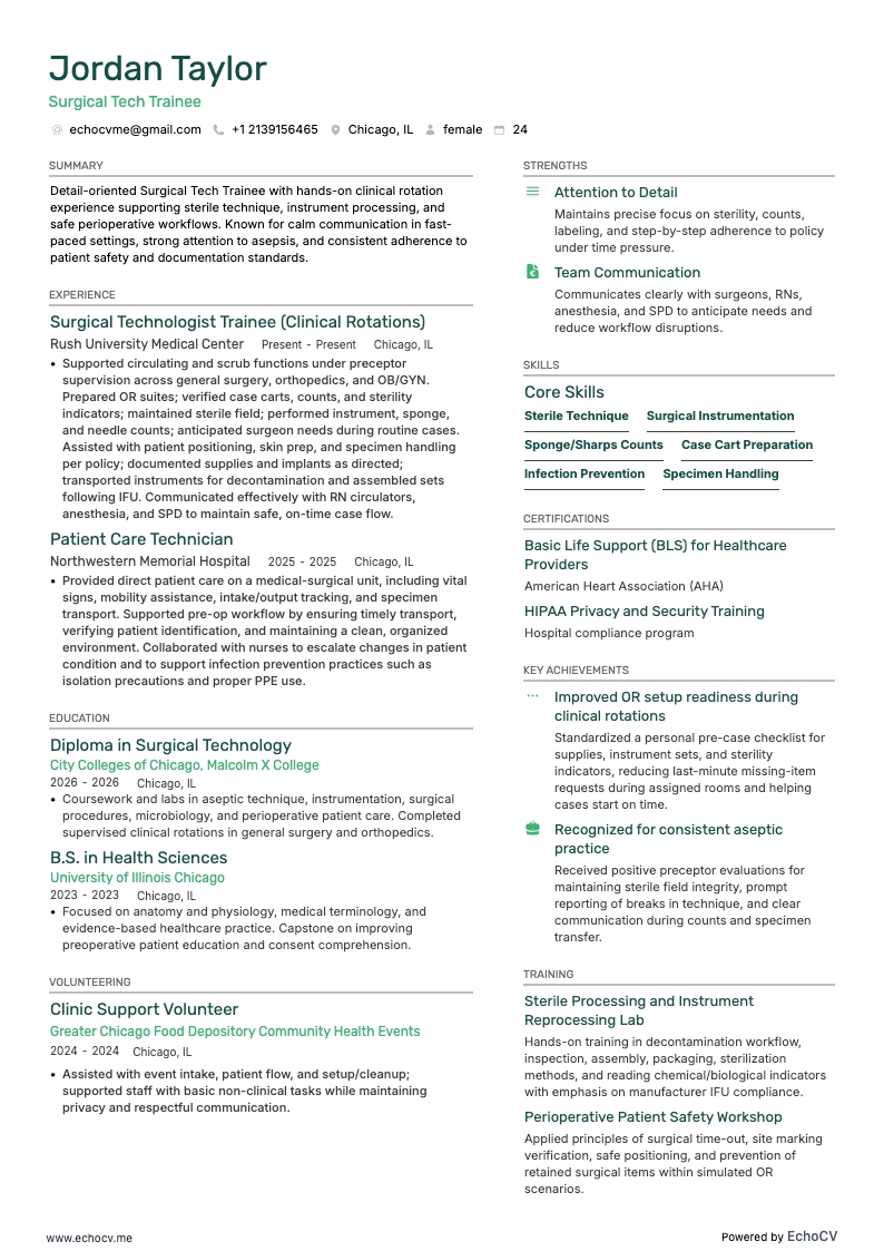 Surgical Tech Trainee example resume