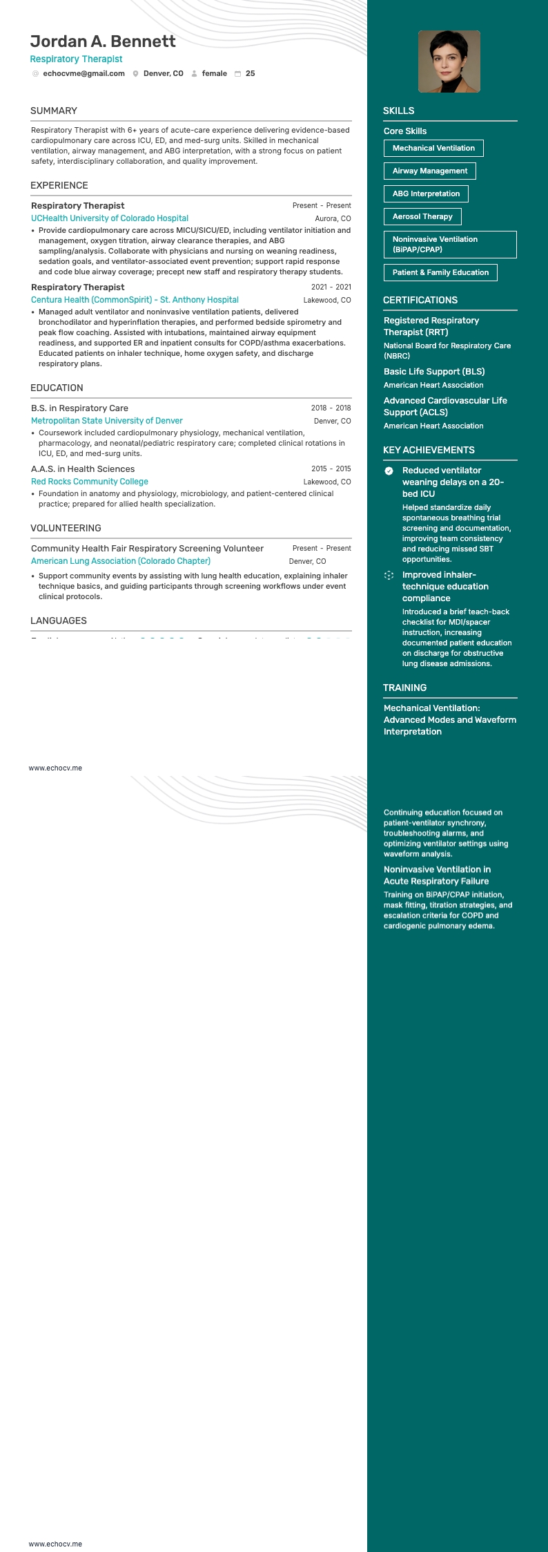 Thérapeute respiratoire example resume