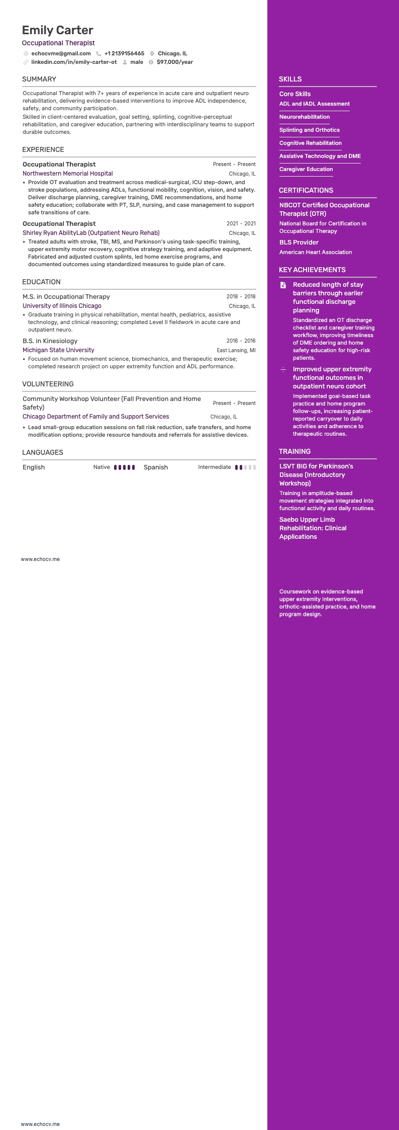 Ergothérapeute example resume