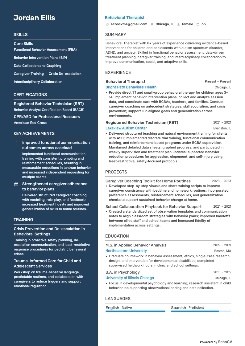 Thérapeute comportemental example resume