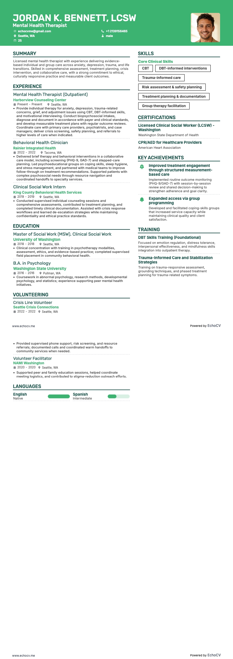 Thérapeute en santé mentale example resume