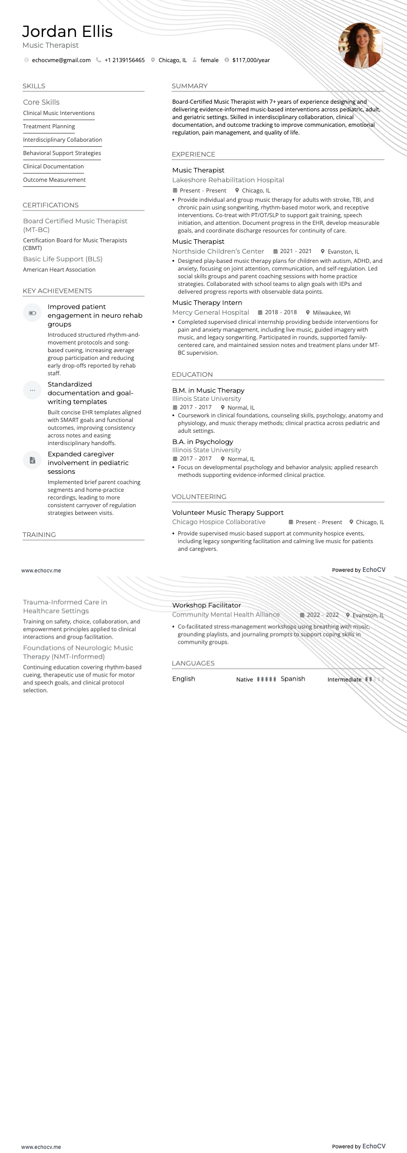 Musicothérapeute example resume