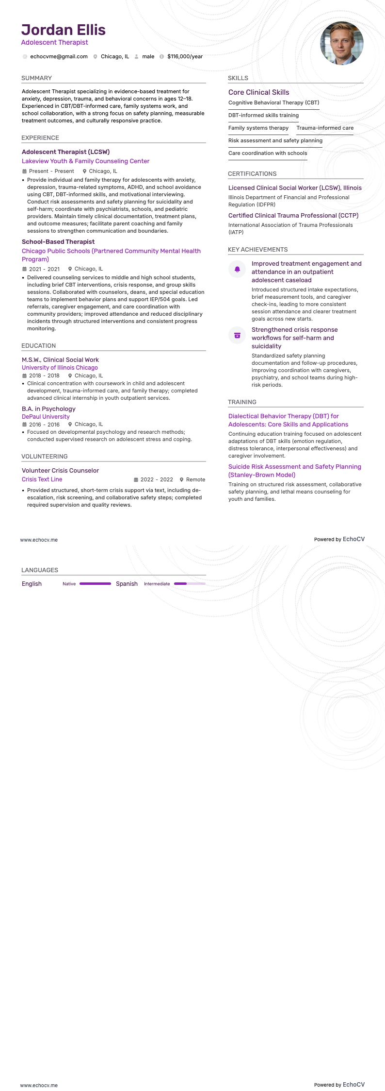 Thérapeute pour adolescents example resume