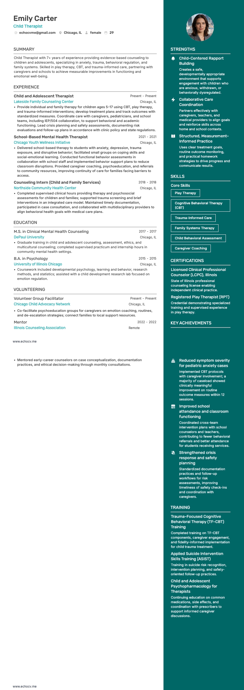 Thérapeute pour enfants example resume