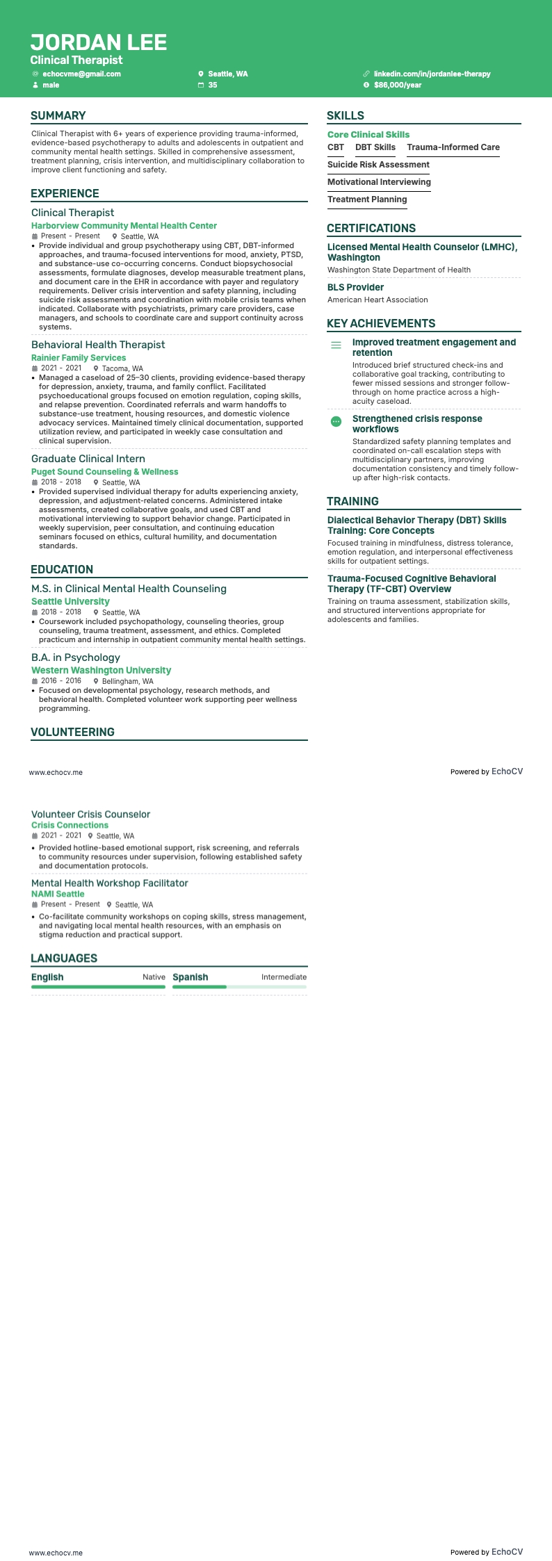 Thérapeute clinicien example resume
