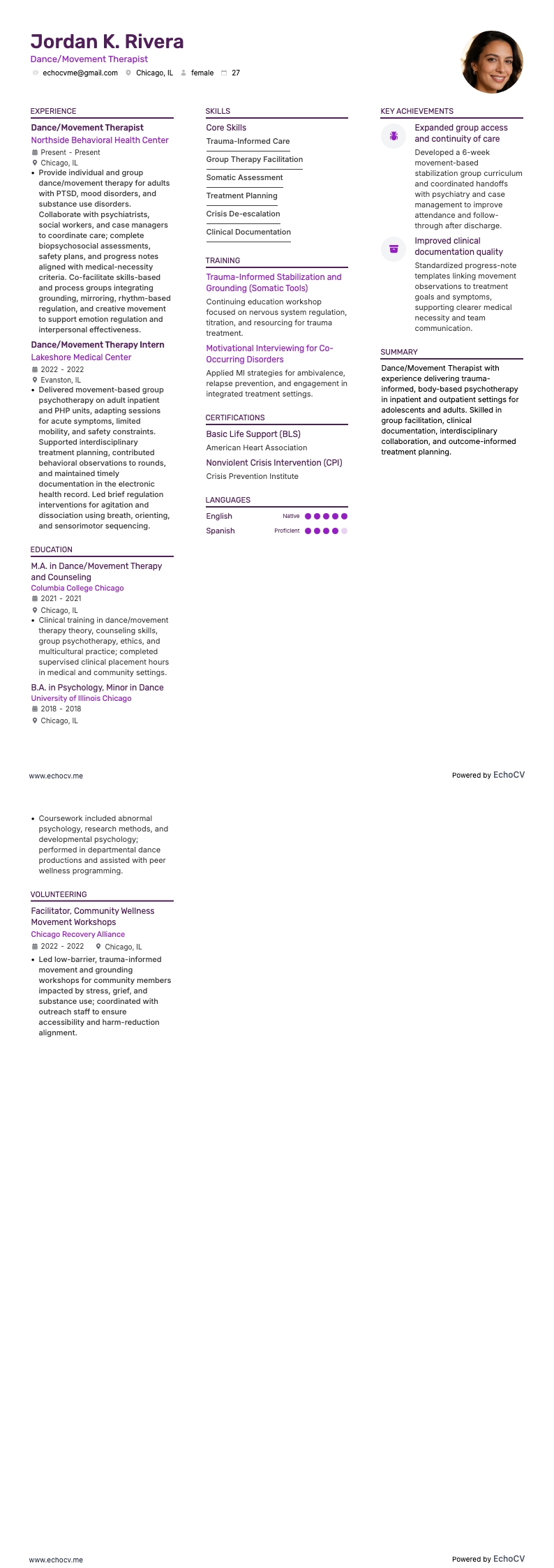 Thérapeute en danse/mouvement example resume