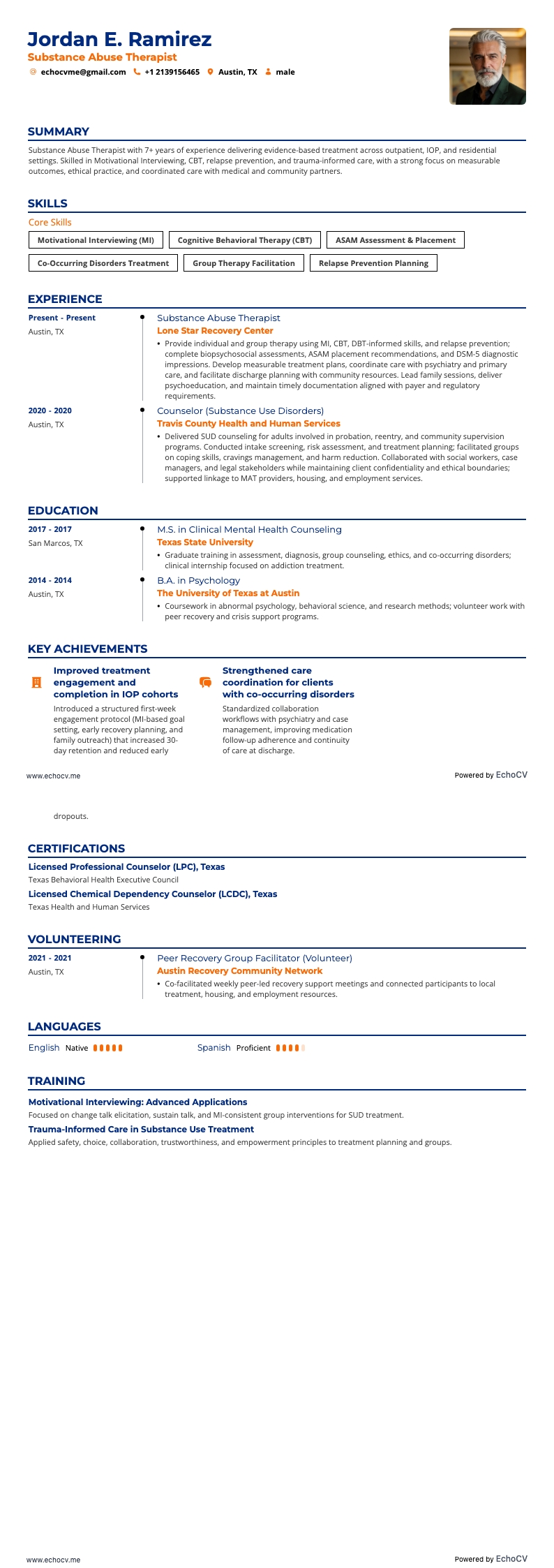 Thérapeute en toxicomanie example resume