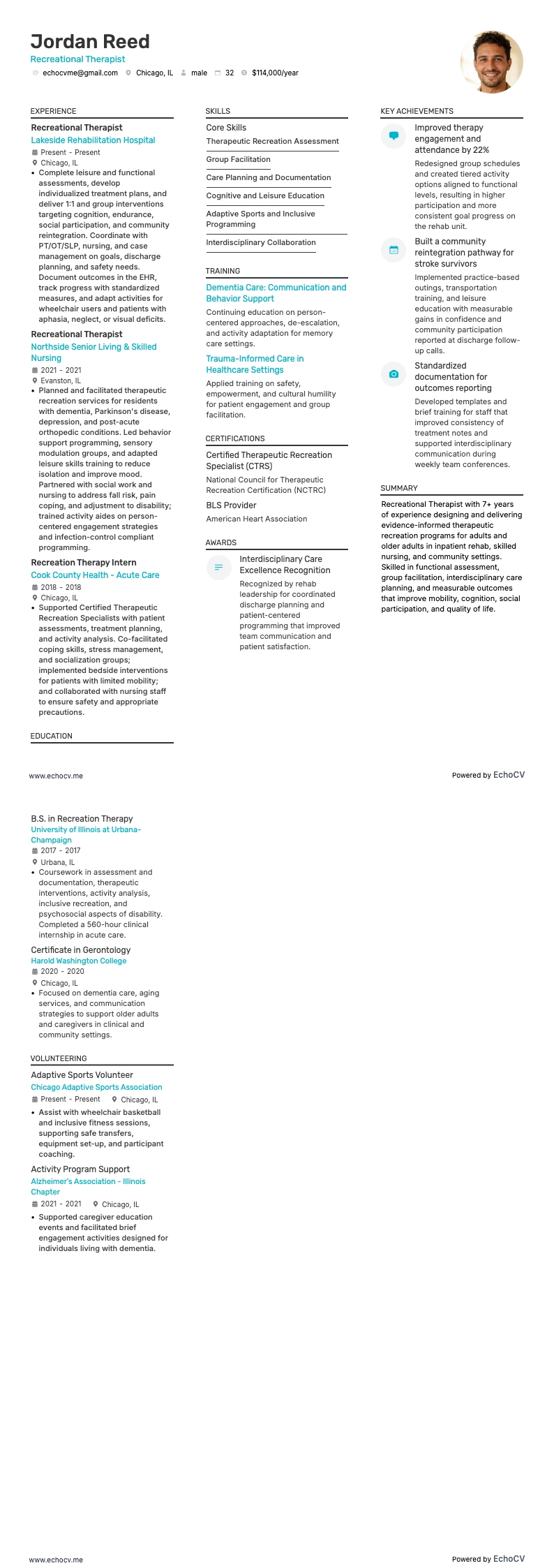 Thérapeute en loisirs example resume