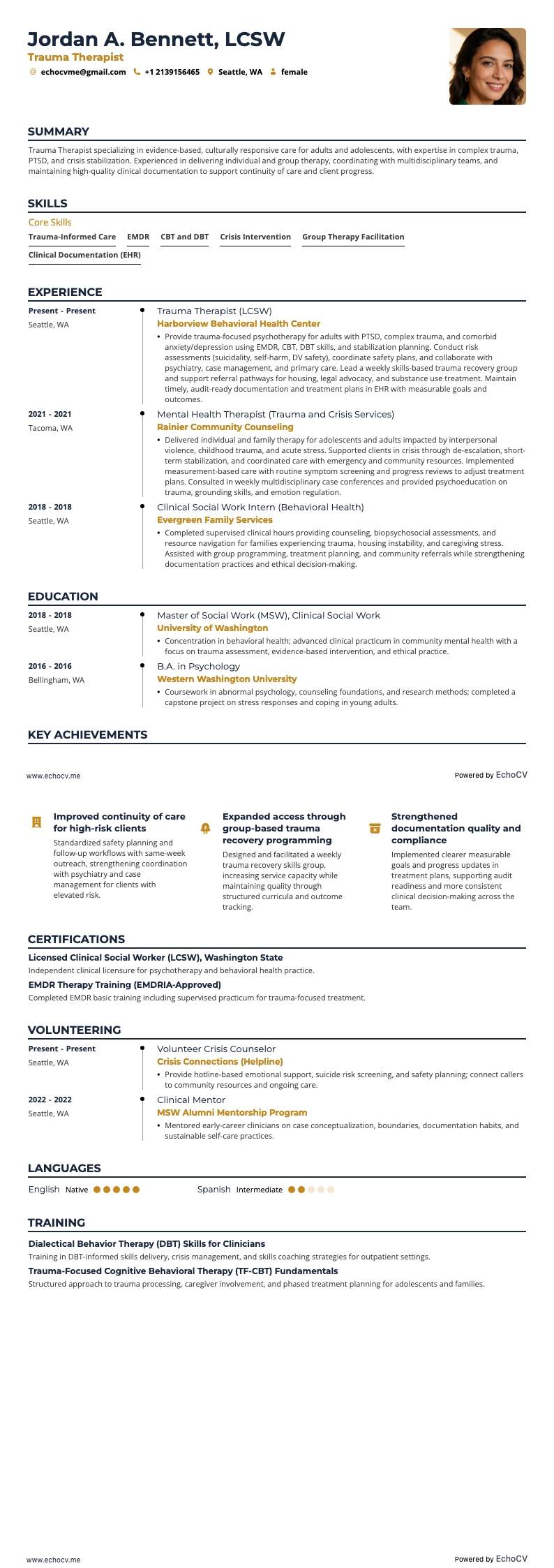 Thérapeute en traumatologie example resume