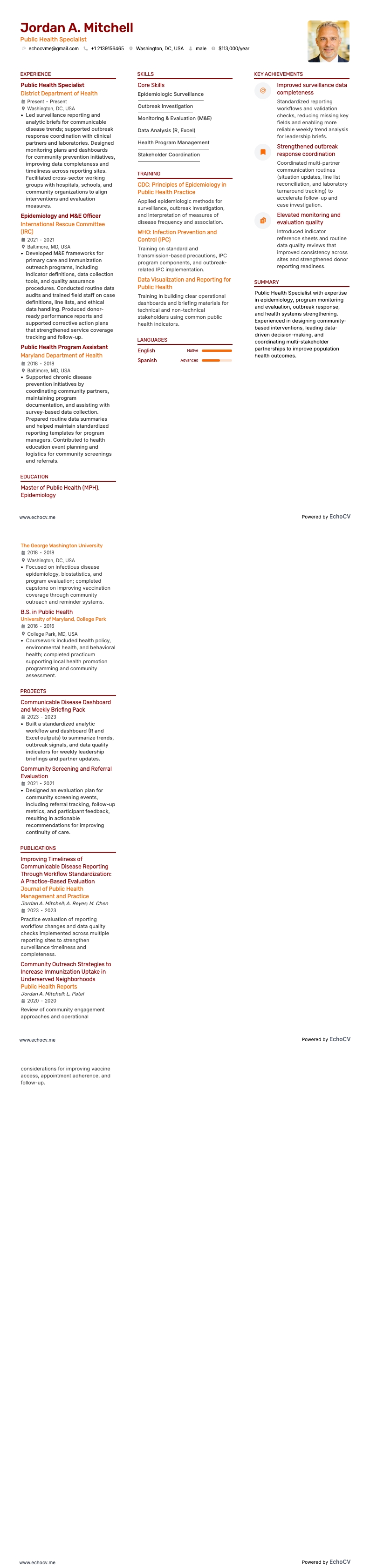 Public Health Specialist example resume