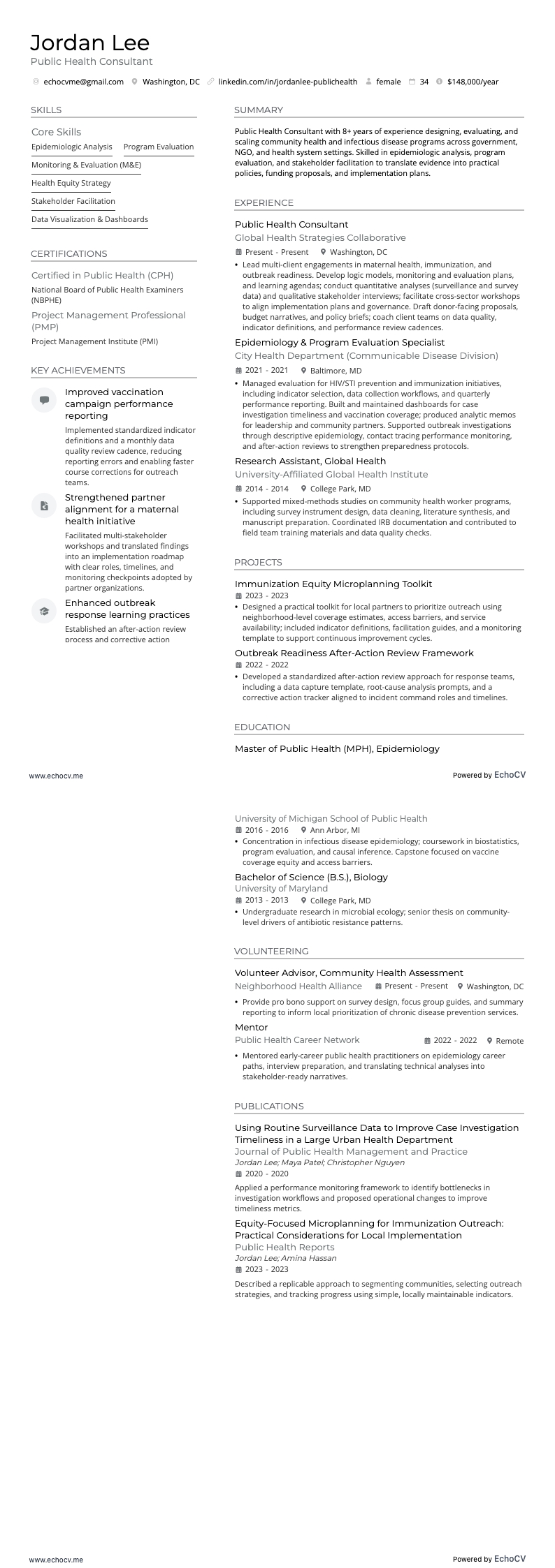 Public Health Consultant example resume