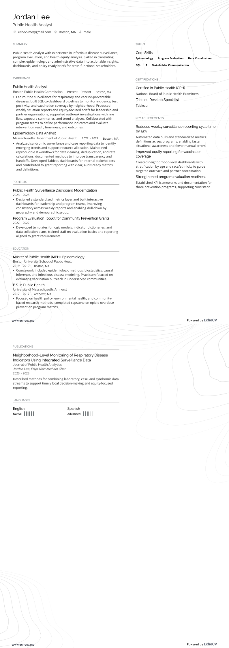 Public Health Analyst example resume