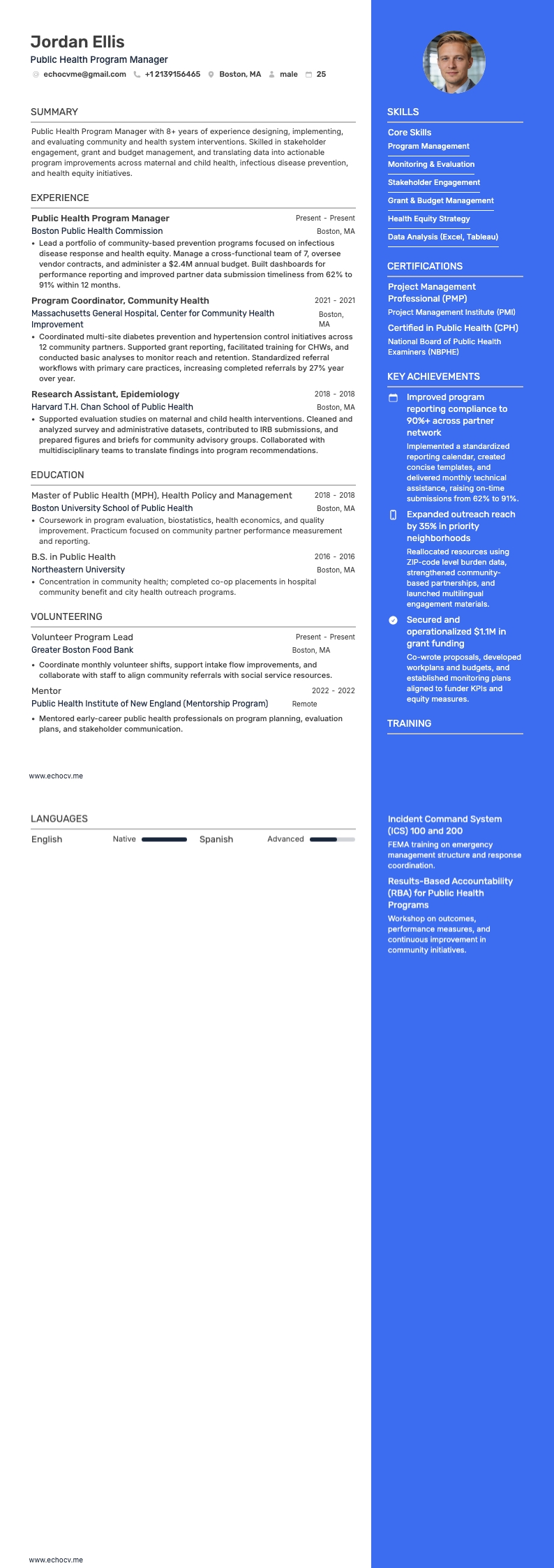 Public Health Program Manager example resume