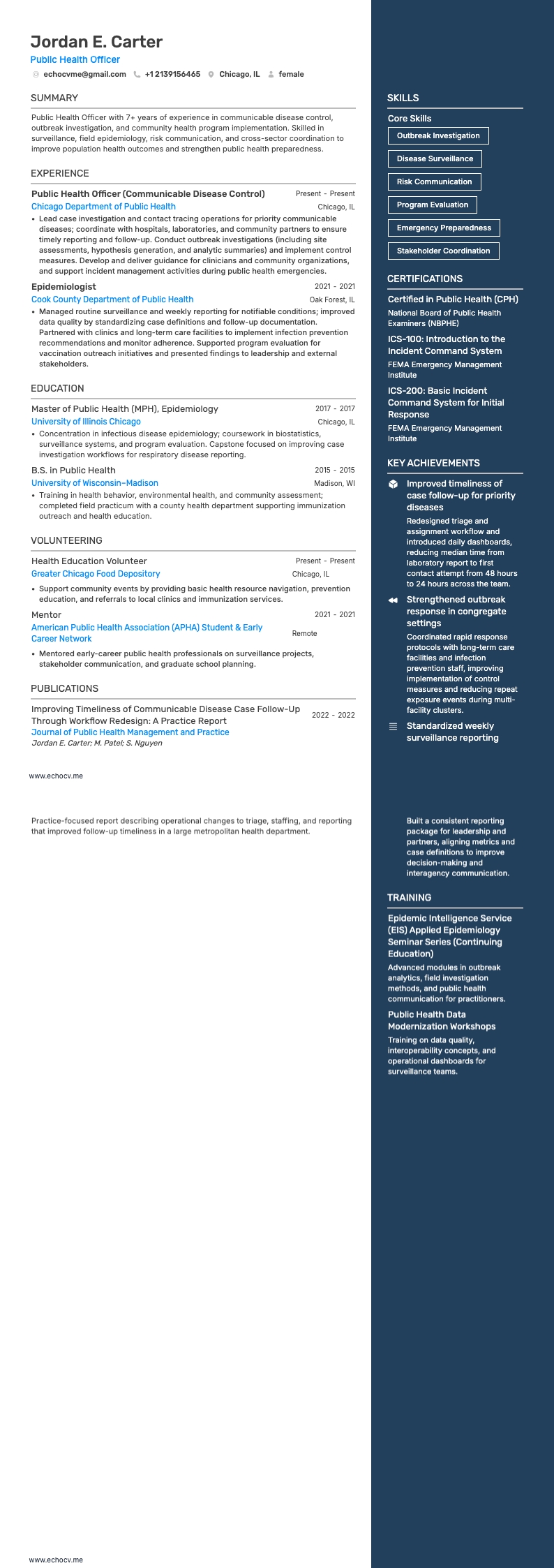 Public Health Officer example resume