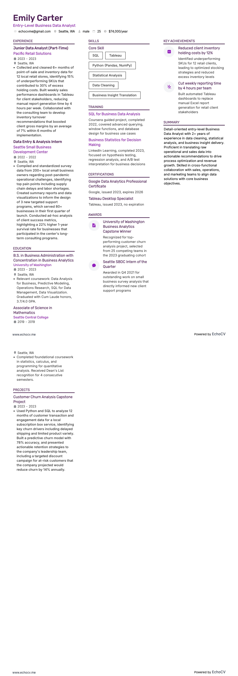 Entry-Level Business Data Analyst example resume