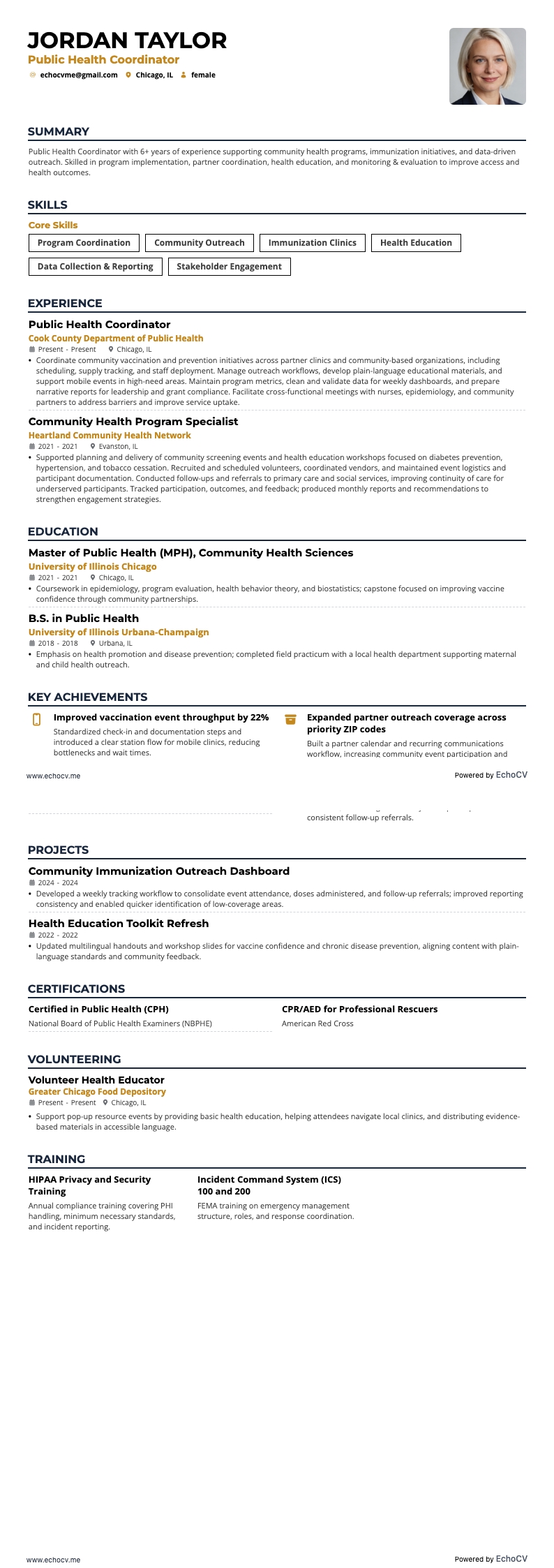Public Health Coordinator example resume