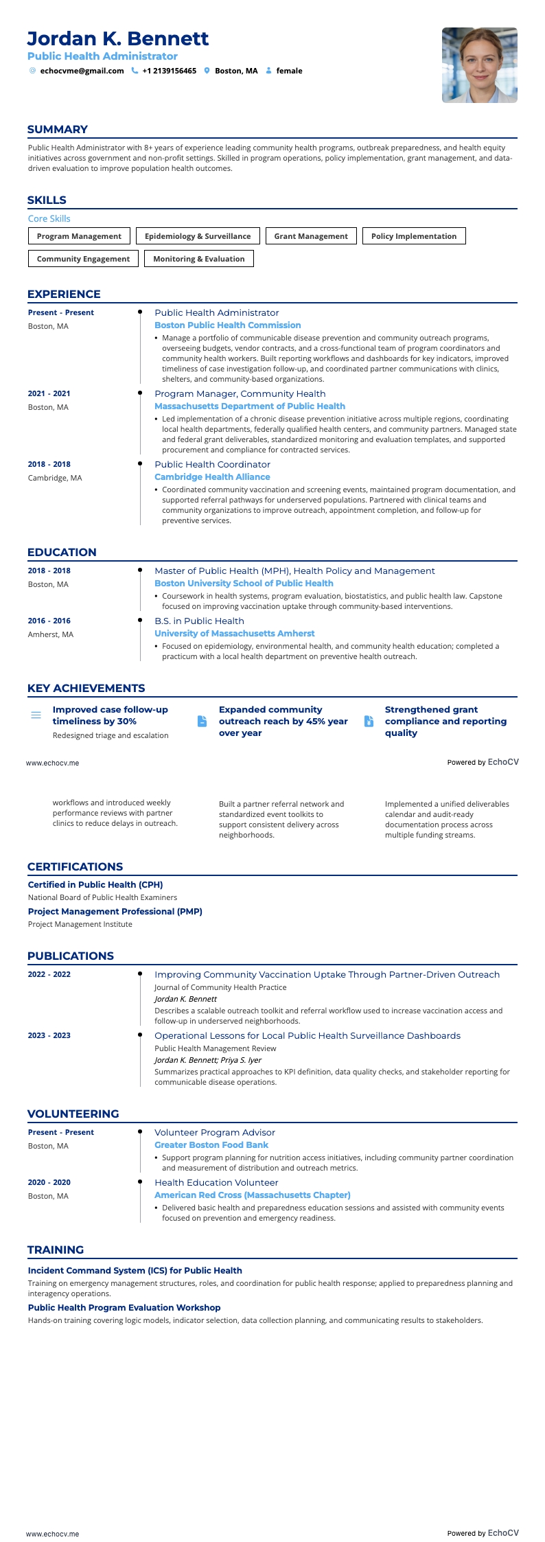 Public Health Administrator example resume