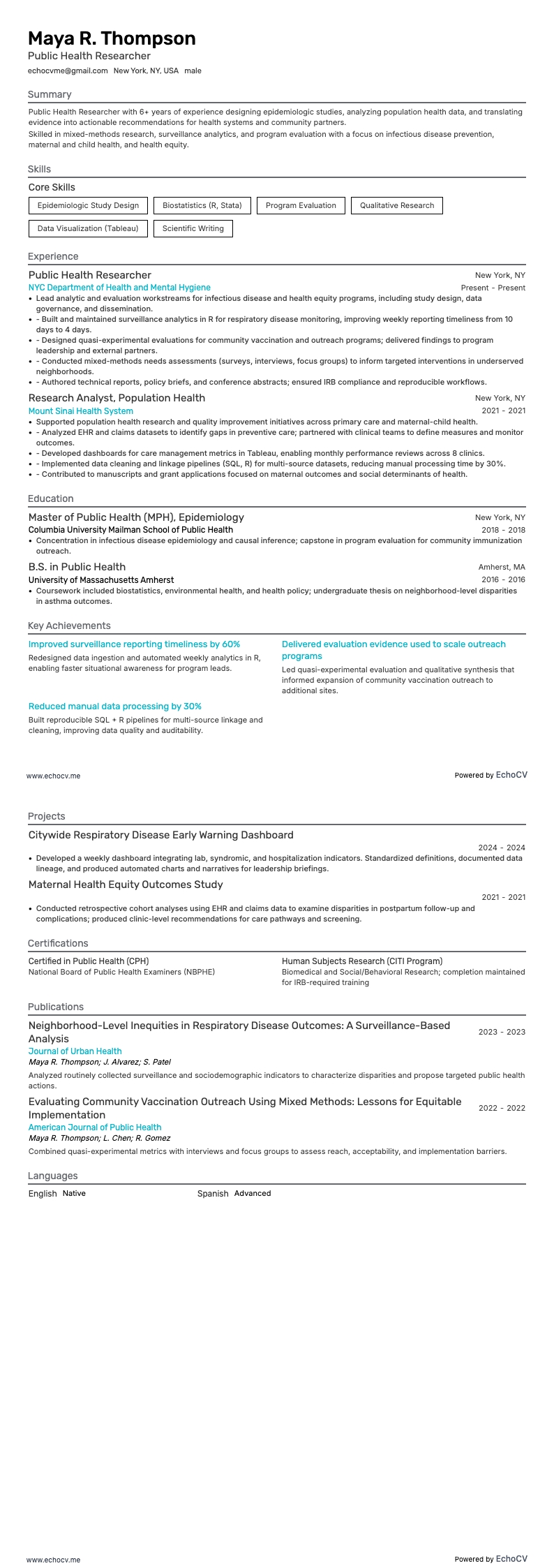 Public Health Researcher example resume