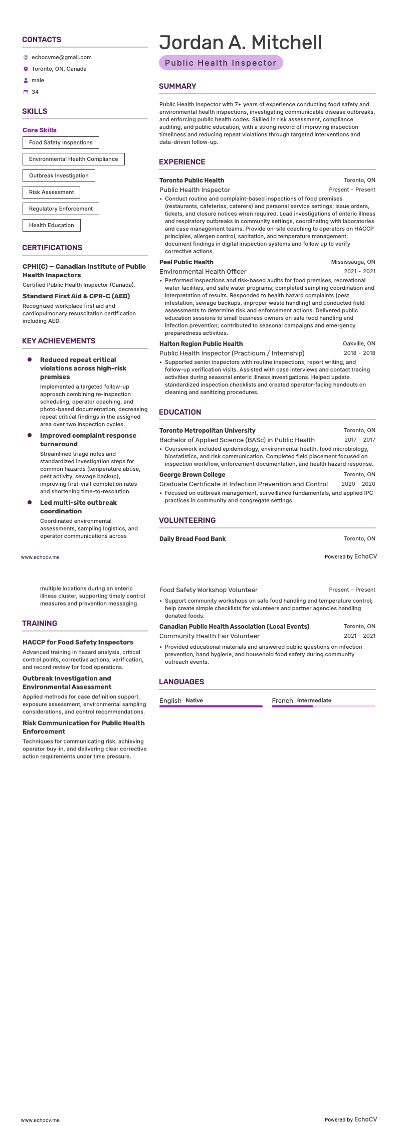 Public Health Inspector example resume