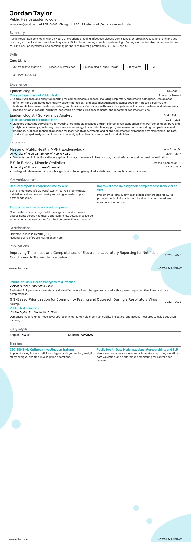 Public Health Epidemiologist example resume