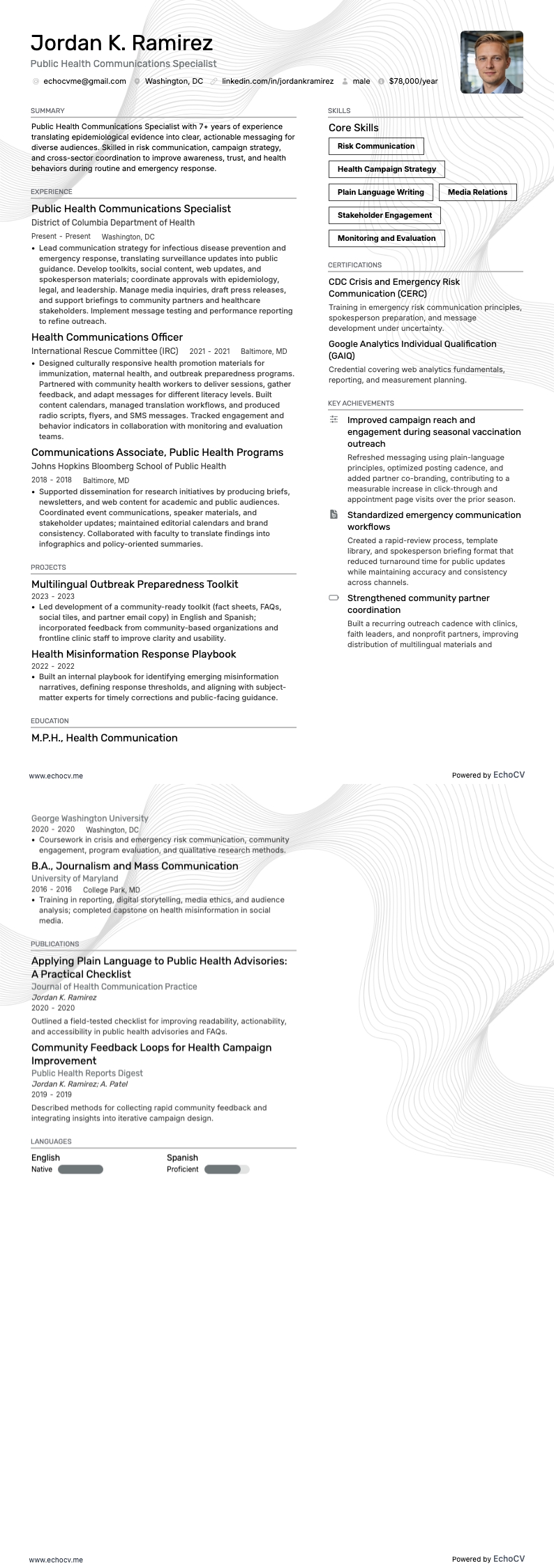 Public Health Communications Specialist example resume