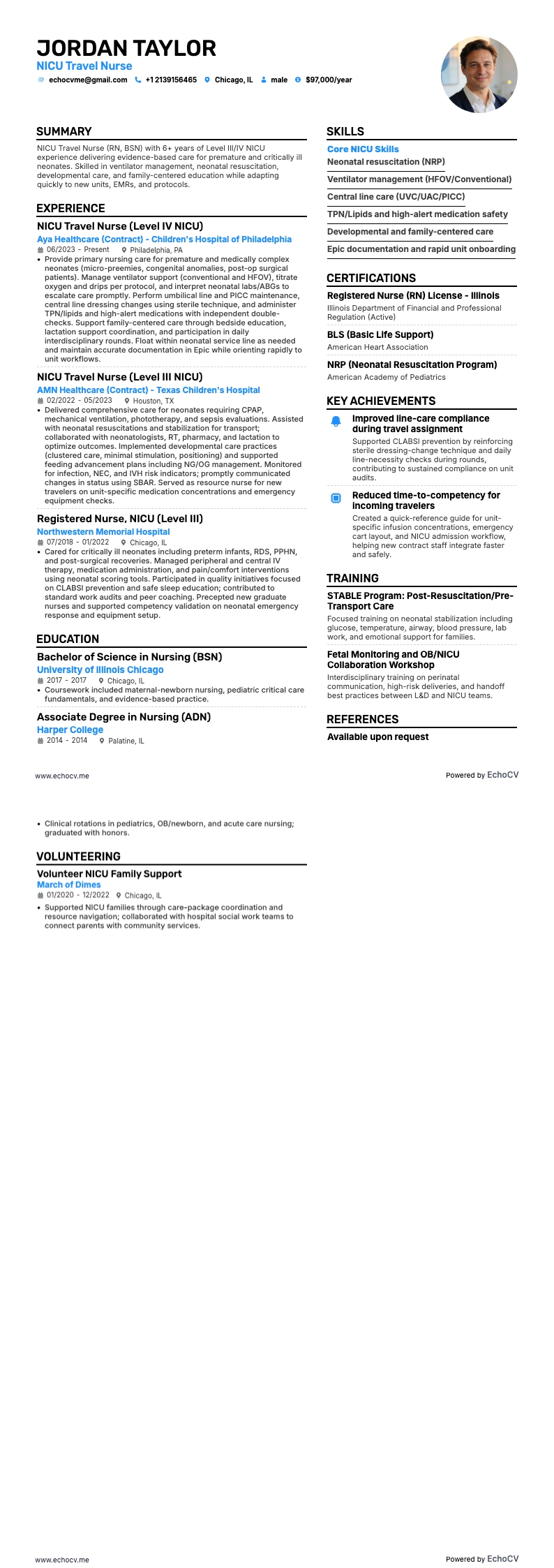 NICU 여행 간호사 example resume