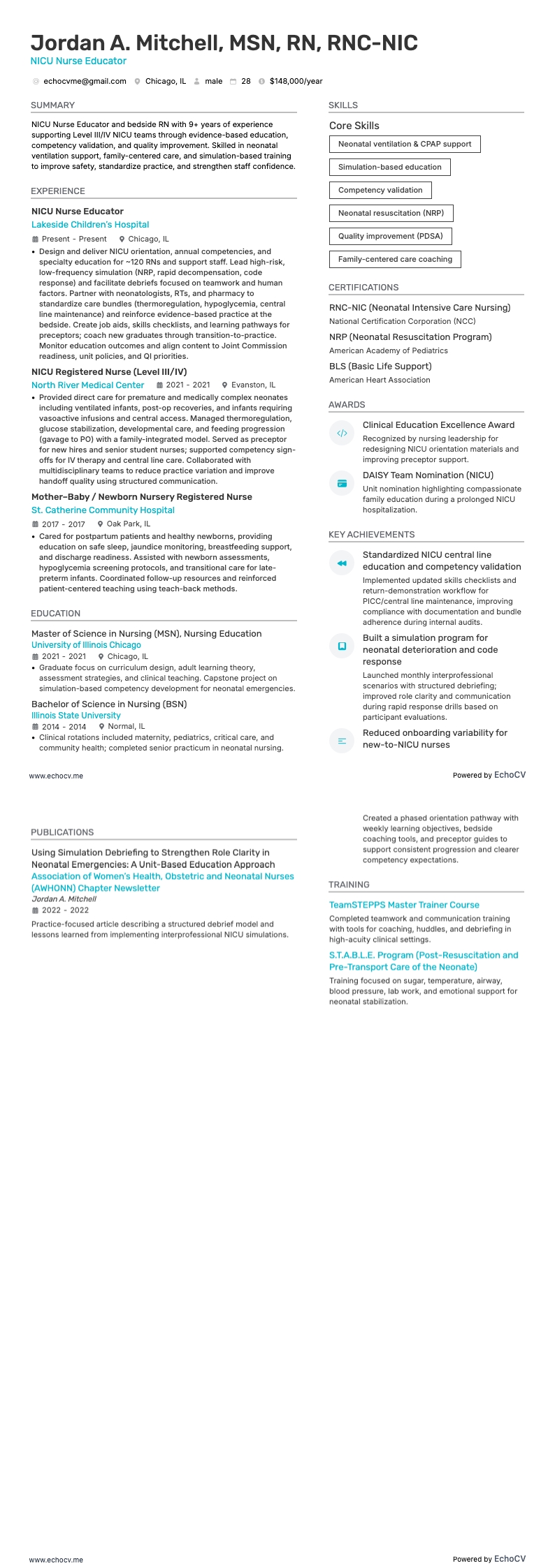 NICU 간호 교육자 example resume