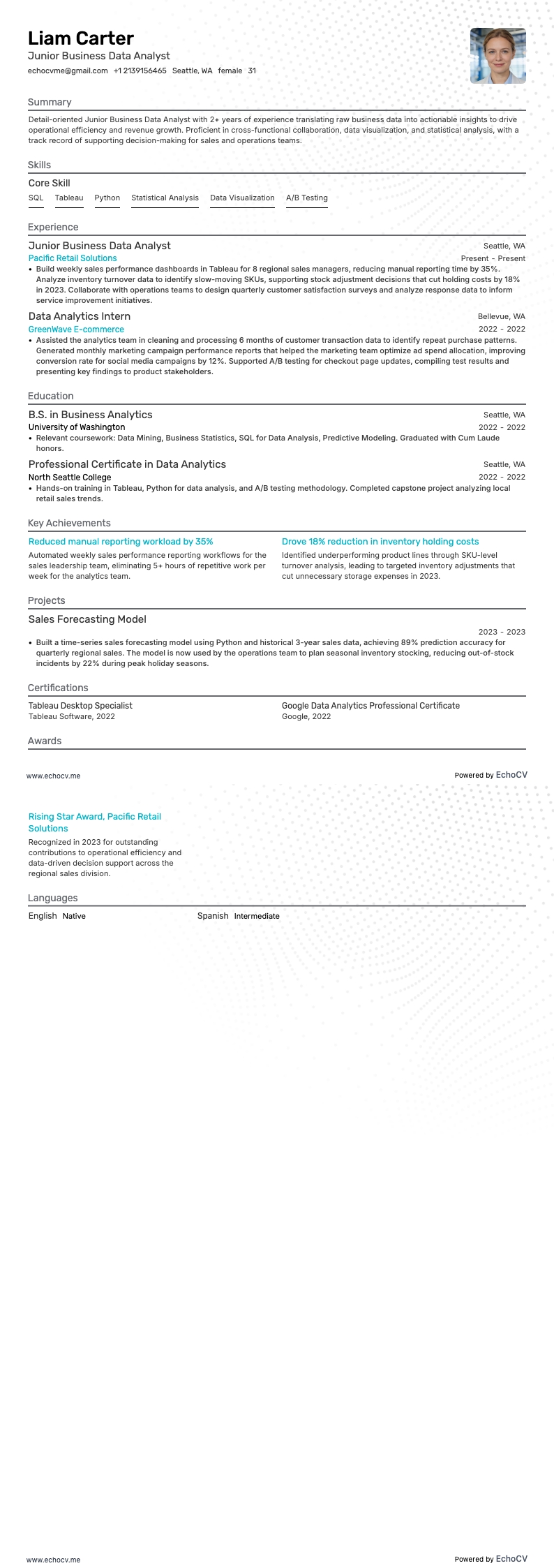 Junior Business Data Analyst example resume