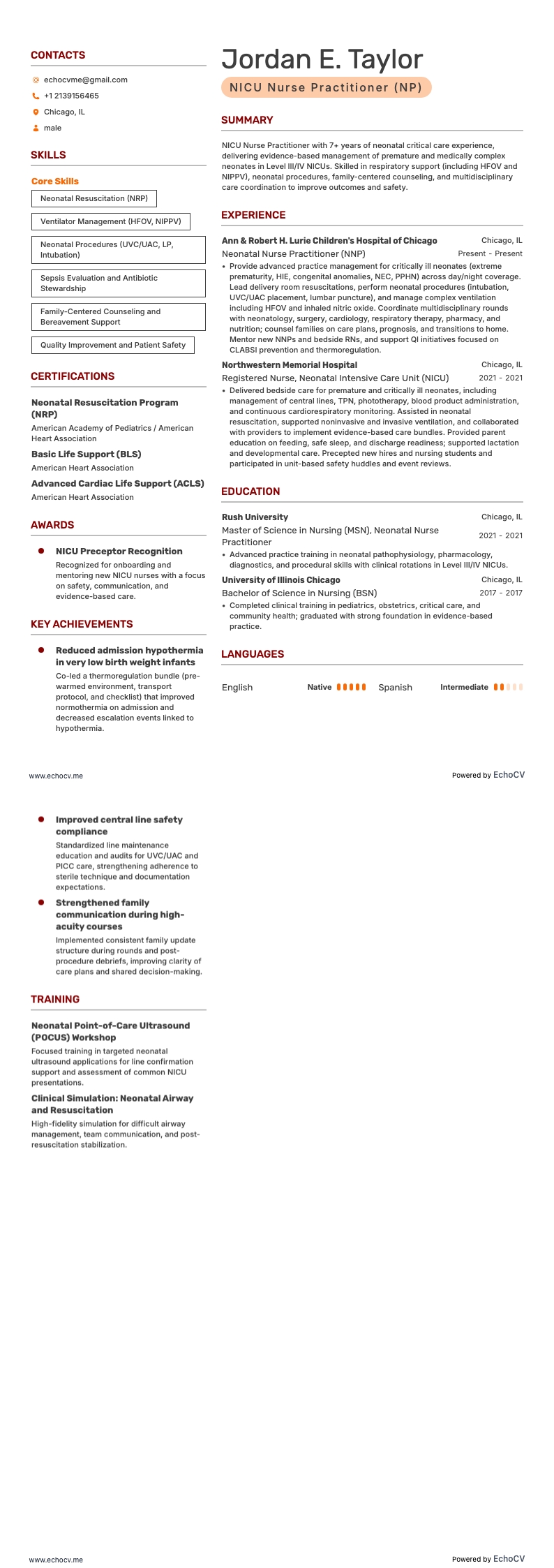 NICU 전문간호사(NP) example resume