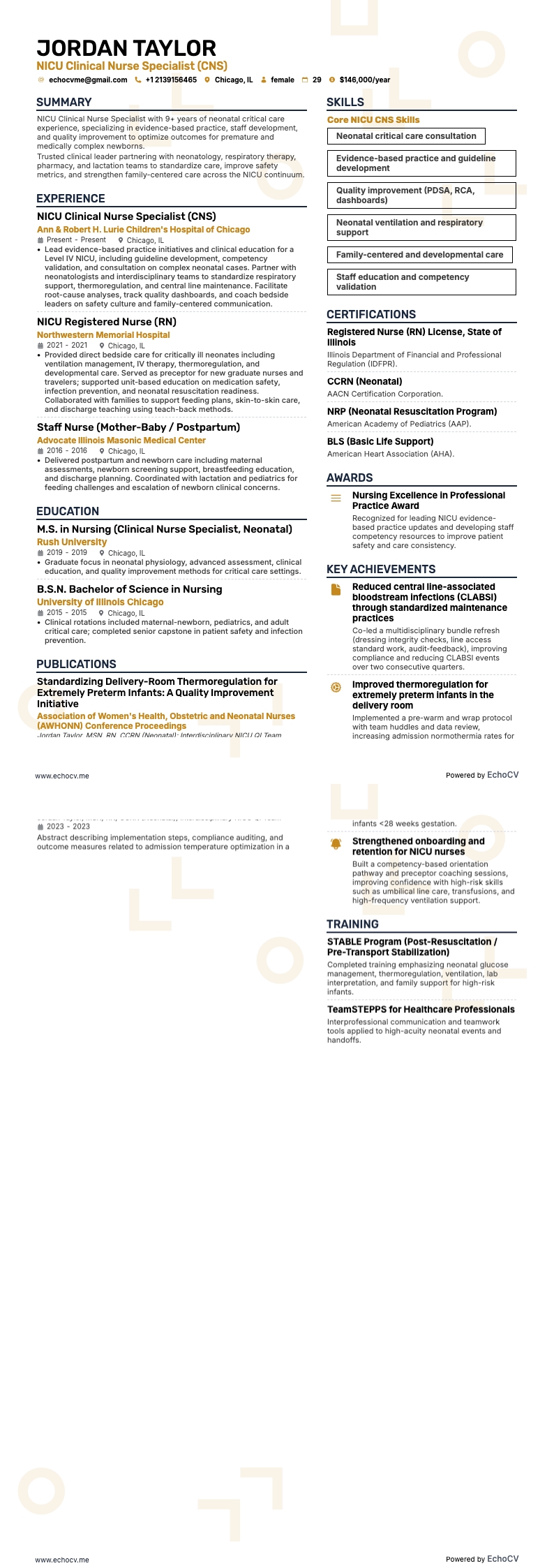 NICU 임상 전문 간호사(CNS) example resume