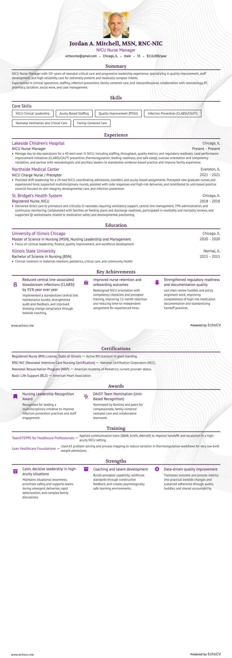 NICU 간호 관리자 example resume