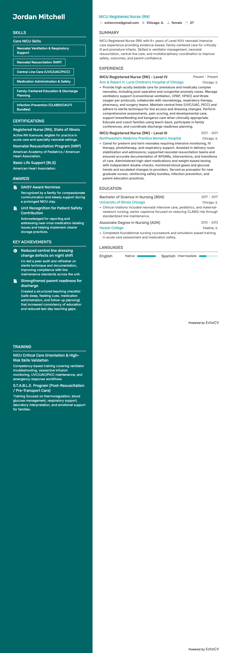 NICU 등록간호사(RN) example resume
