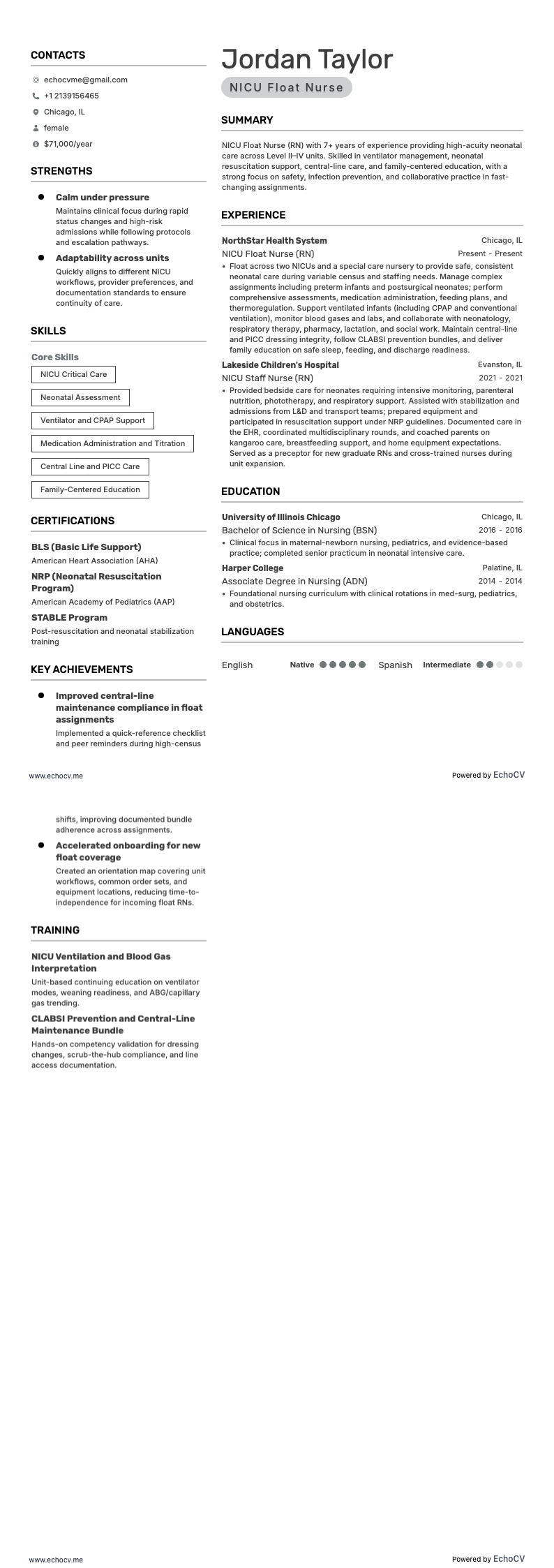 NICU 플로트 간호사 example resume