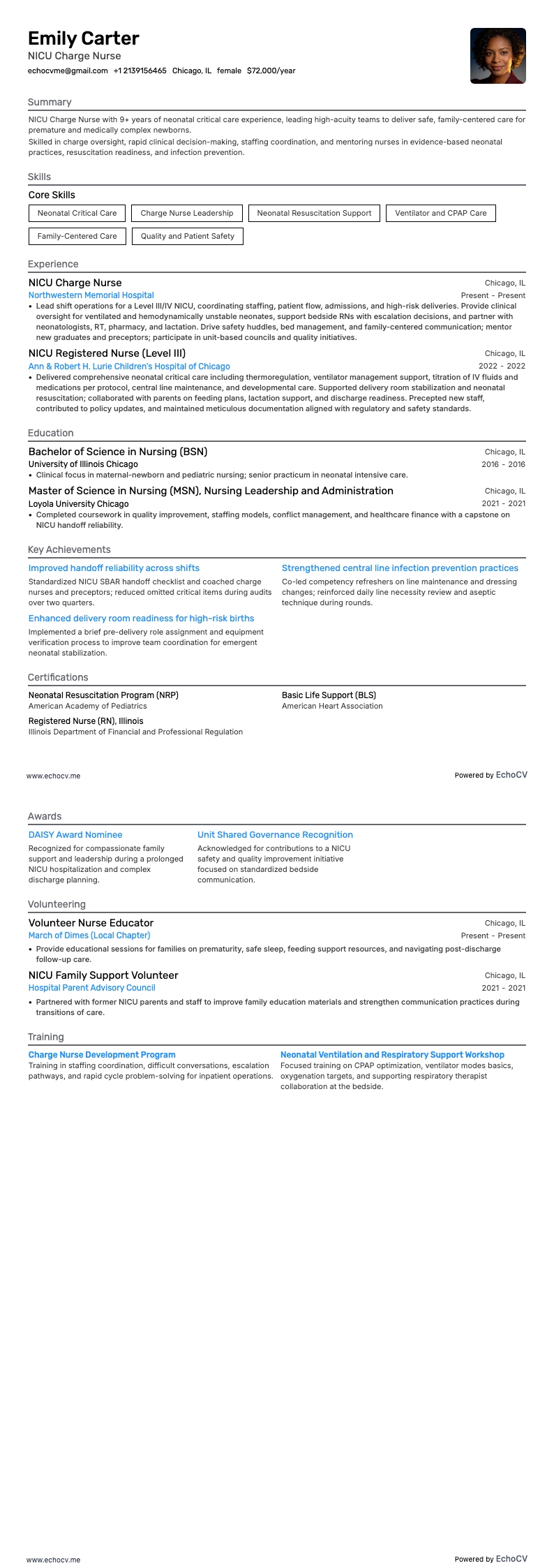 NICU 수간호사 example resume