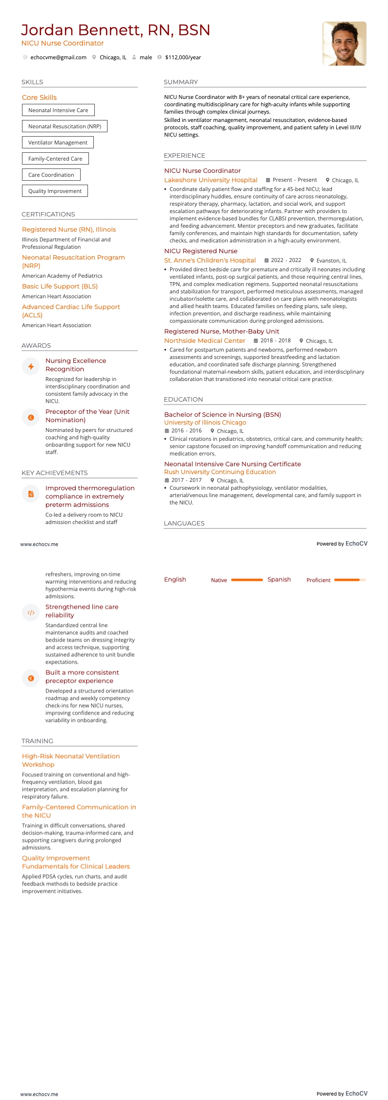 NICU 간호 코디네이터 example resume