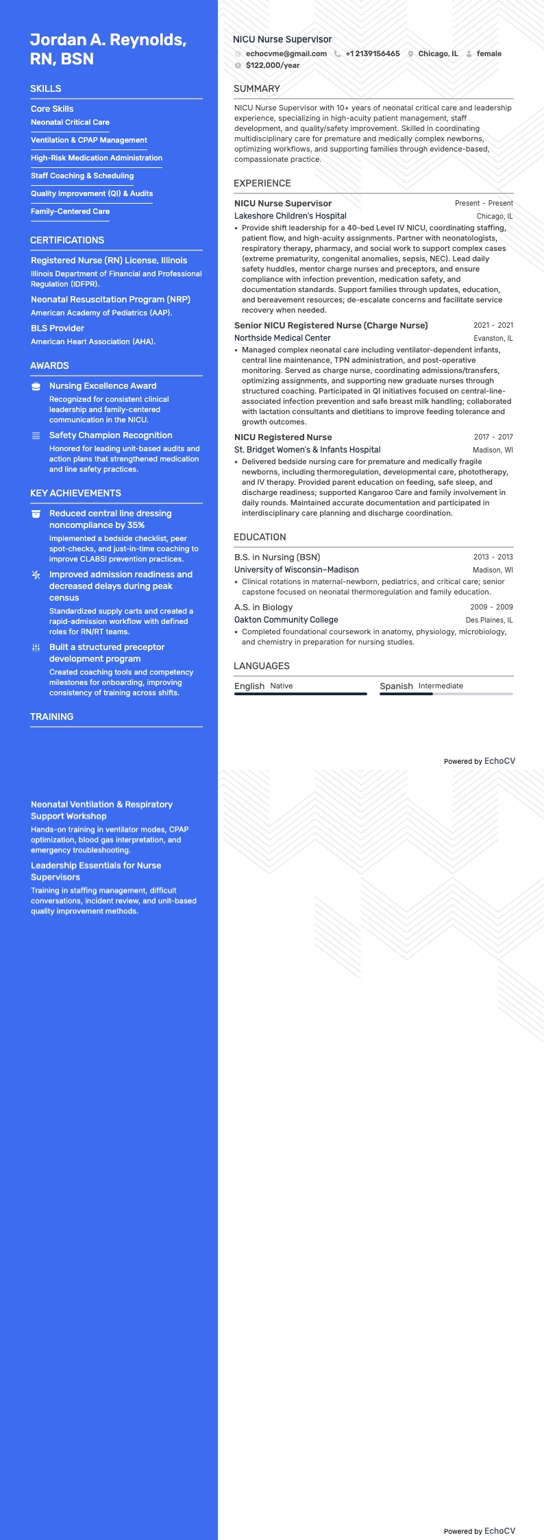 NICU 간호사 슈퍼바이저 example resume