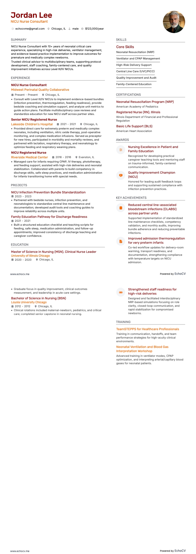 NICU 간호 컨설턴트 example resume