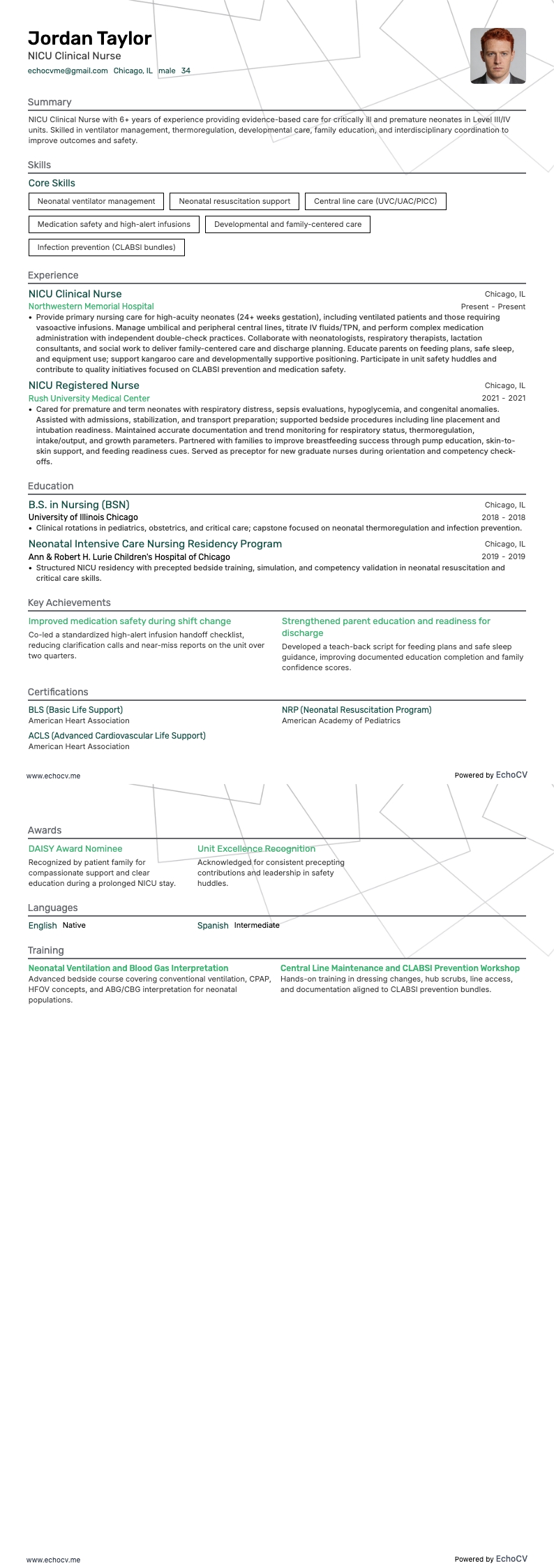 NICU 임상 간호사 example resume
