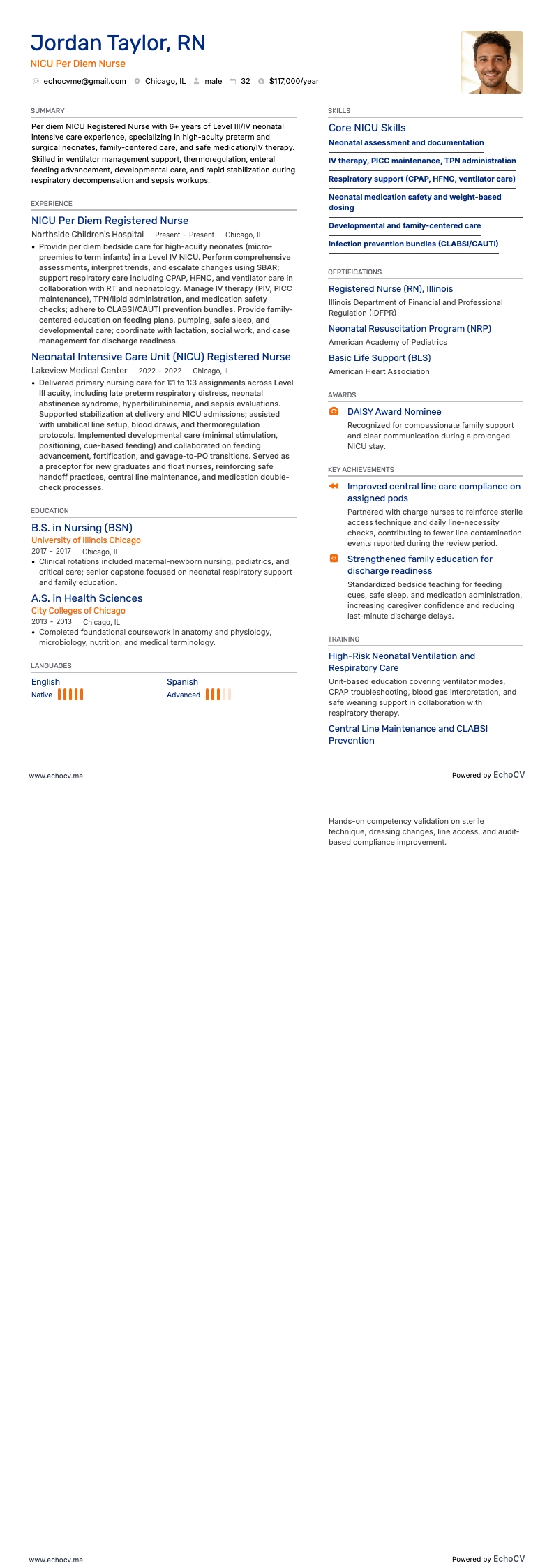 NICU 일당제 example resume