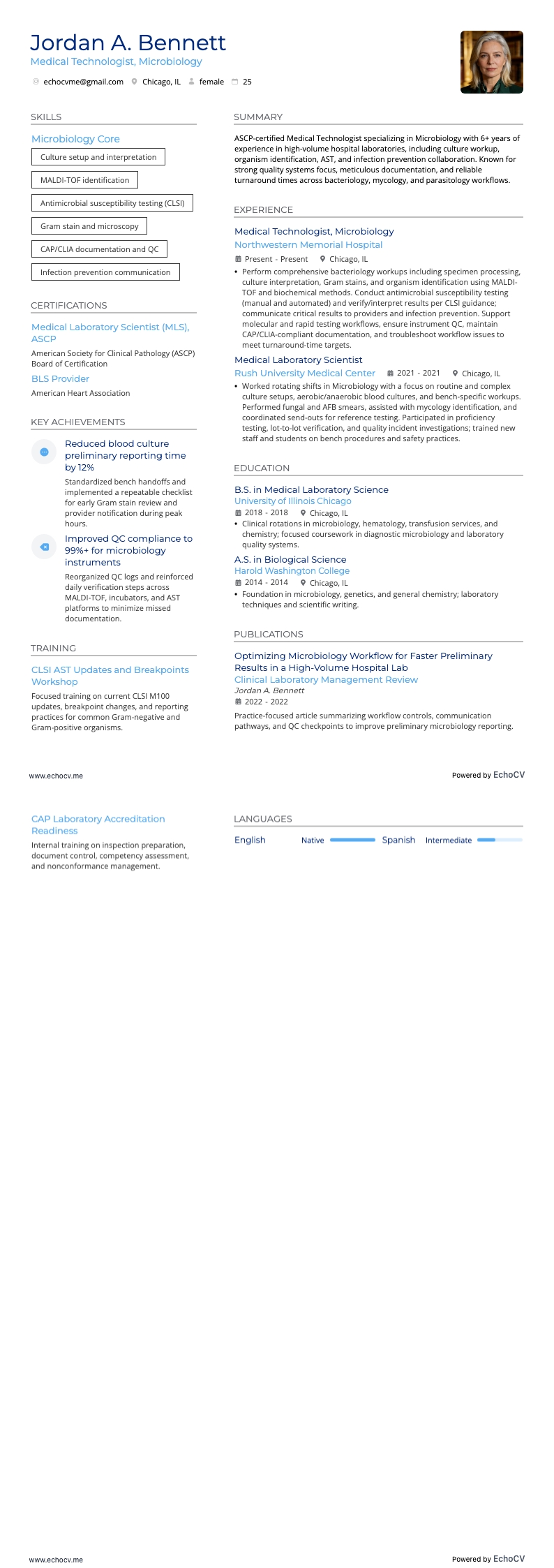 미생물학 의료기술자 example resume