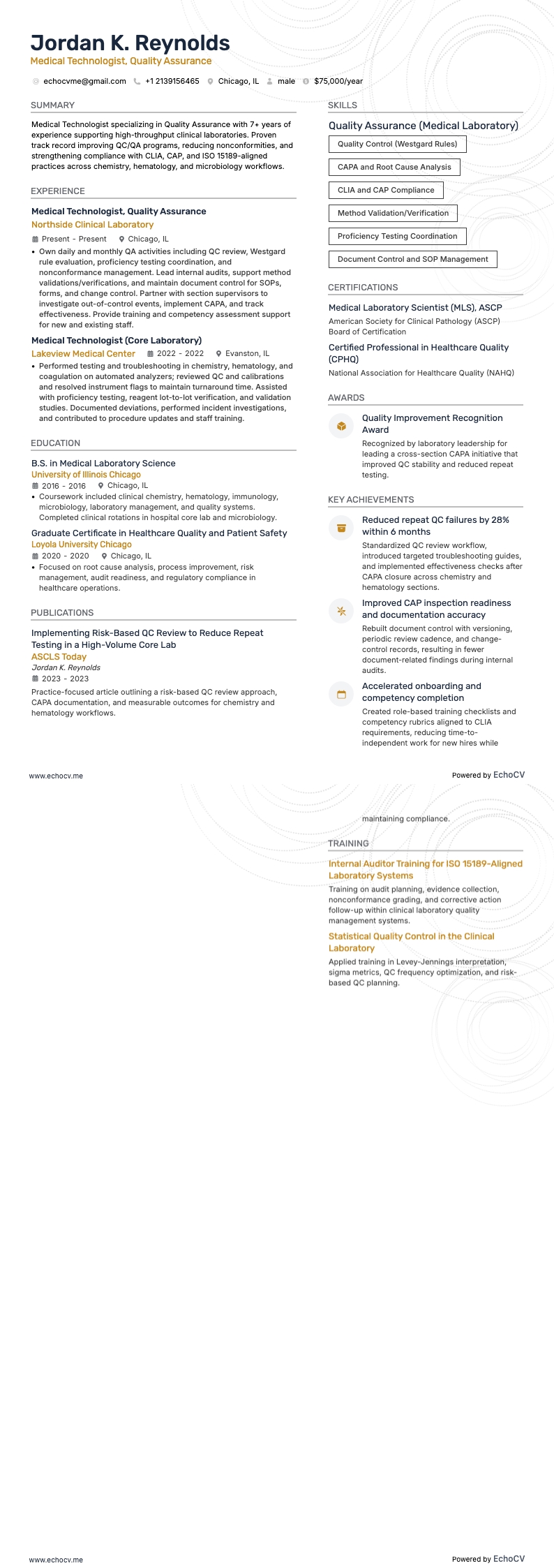 의료기술자 품질보증 example resume