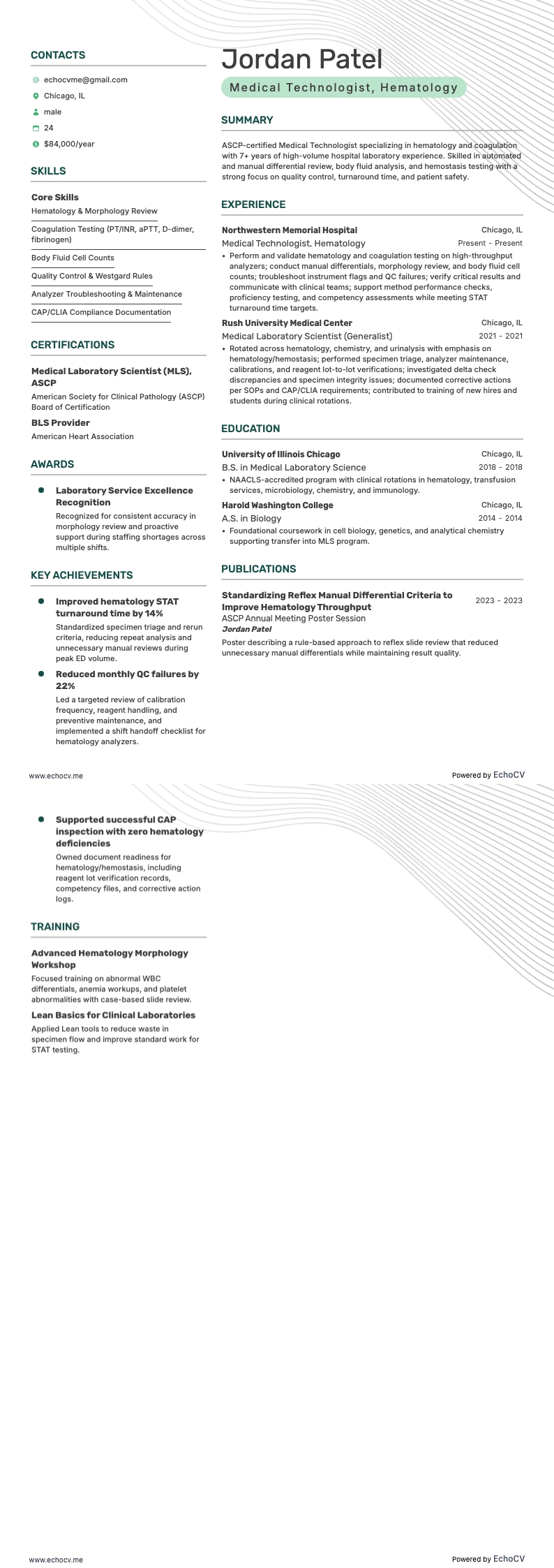 혈액학 의료기술자 example resume