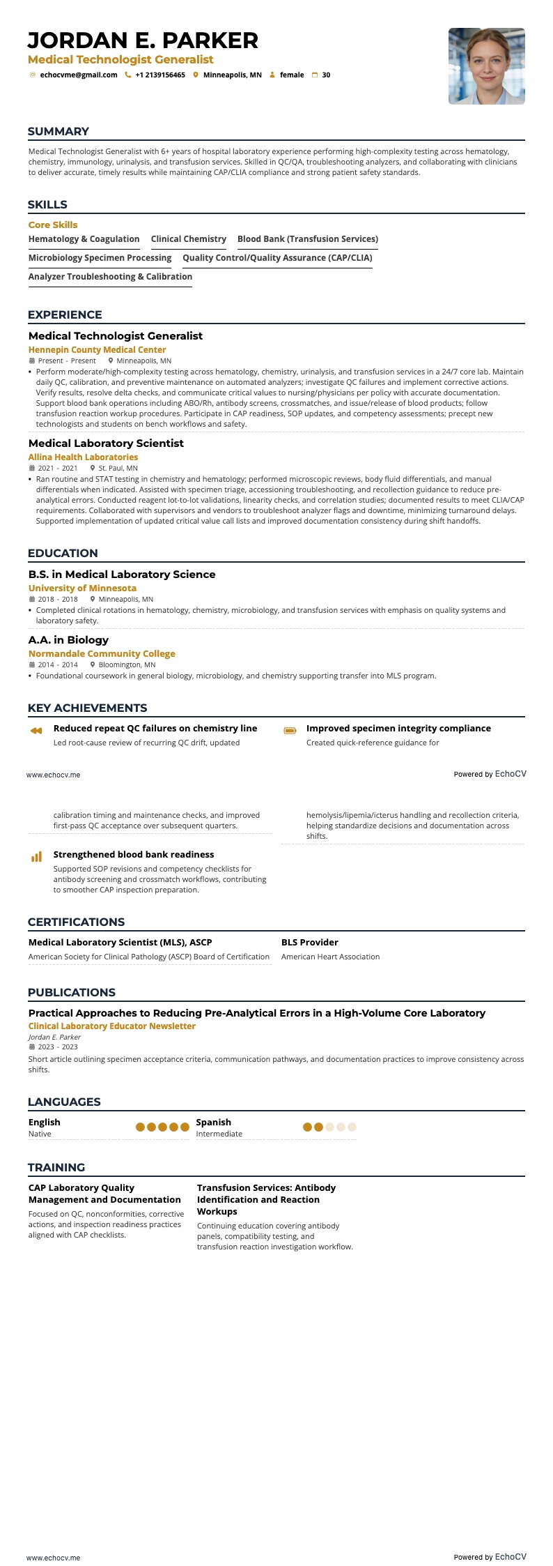 일반 의료기술사 example resume