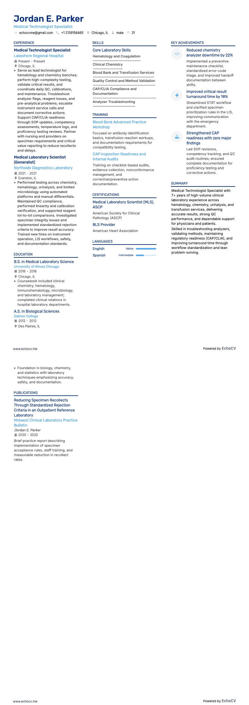 의료기술 전문직 example resume