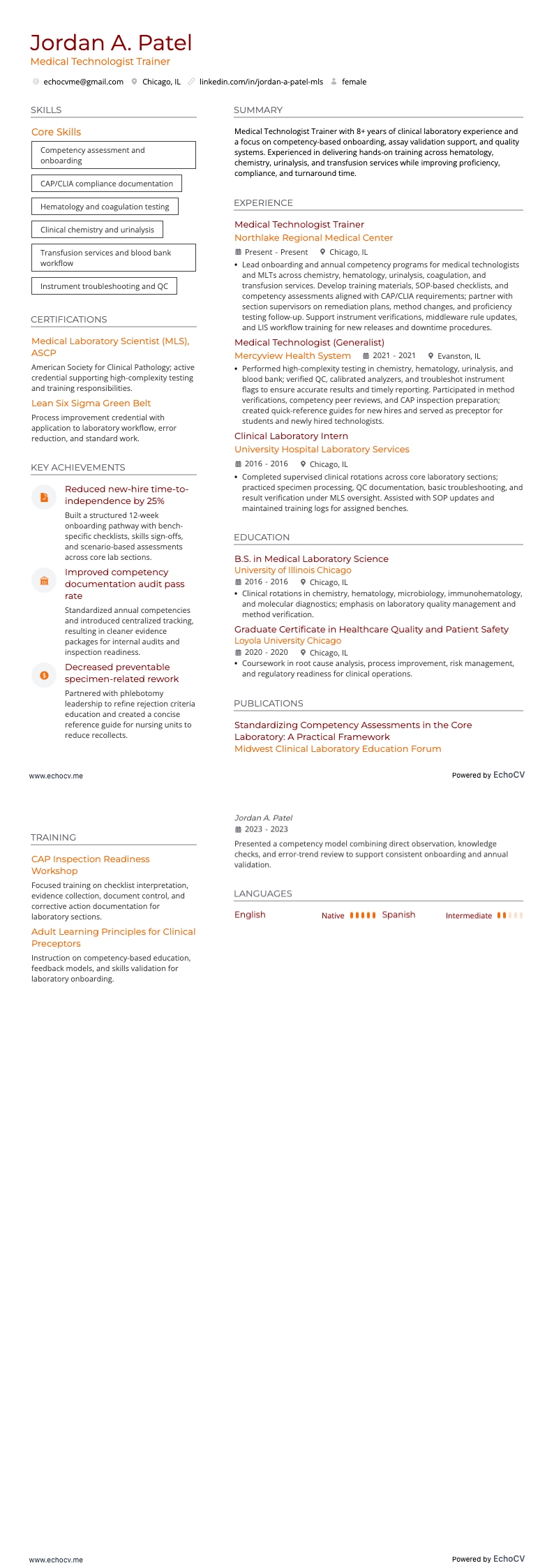 임상병리사 트레이너 example resume