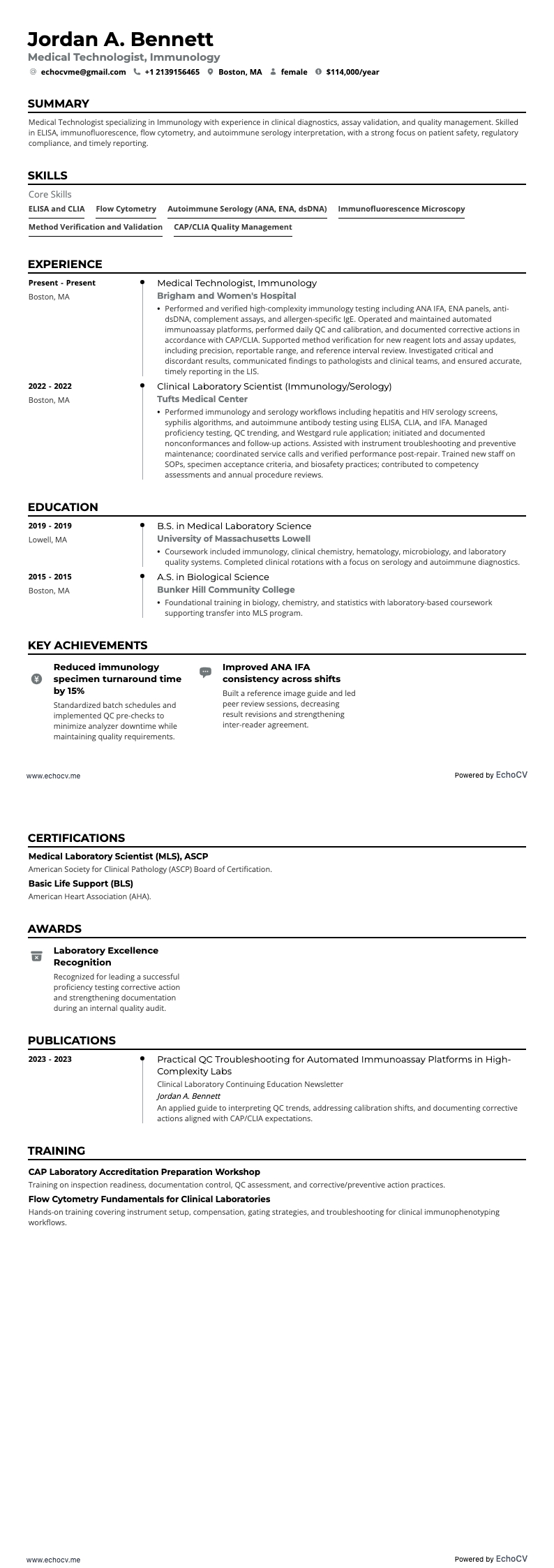 의료기술자(면역학) example resume