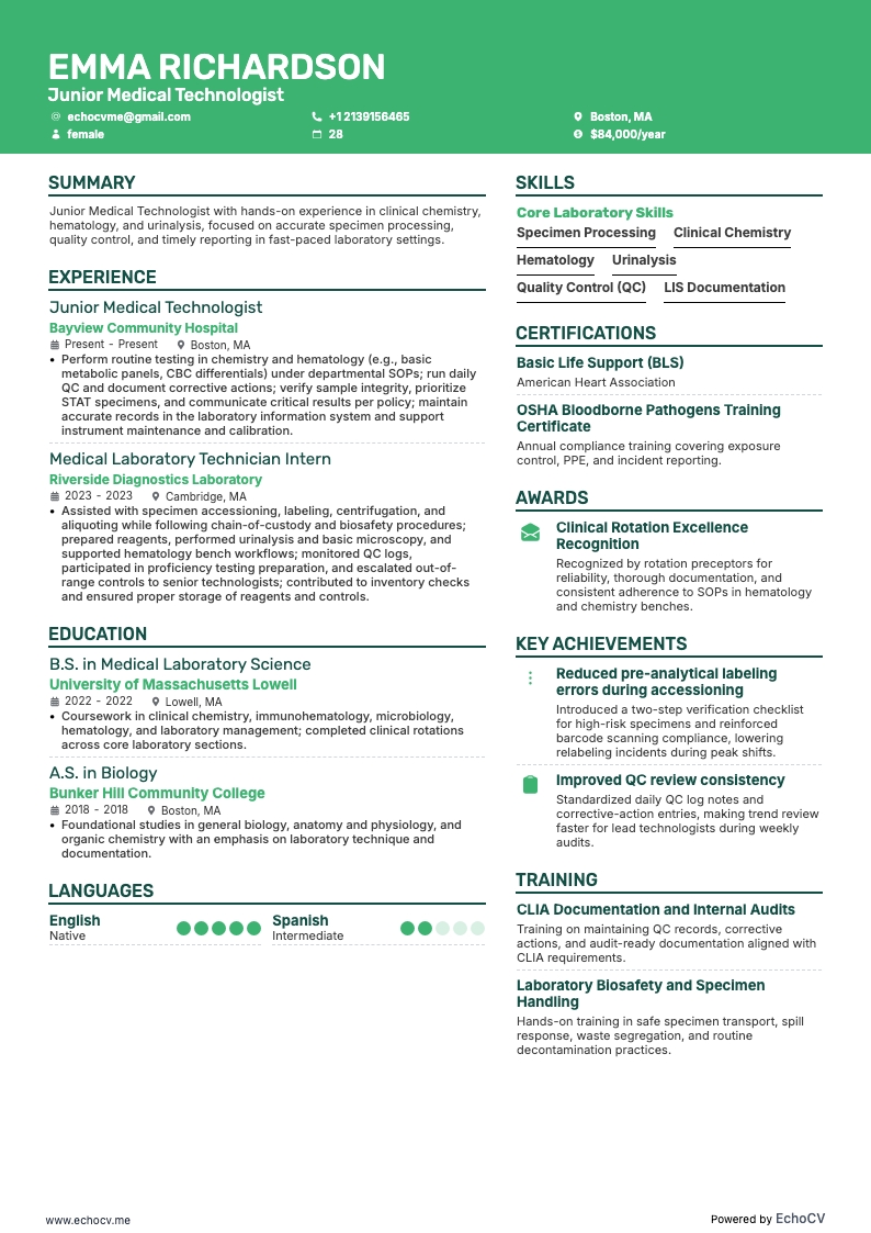 주니어 의료기술자 example resume